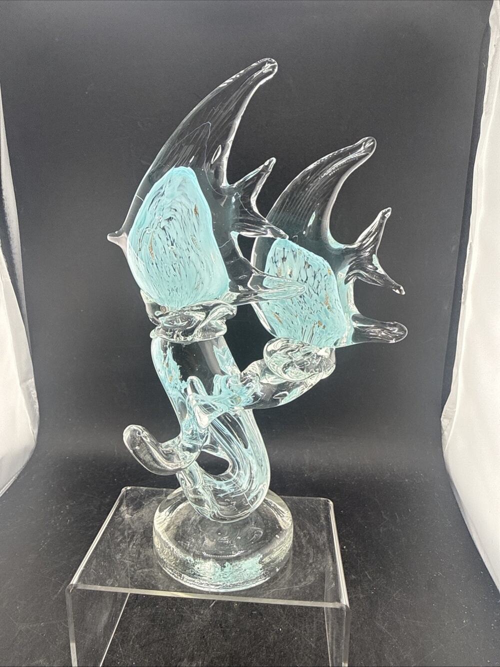Vintage Murano Style Art Glass Double Angelfish on Wave Sculpture Blue Clear